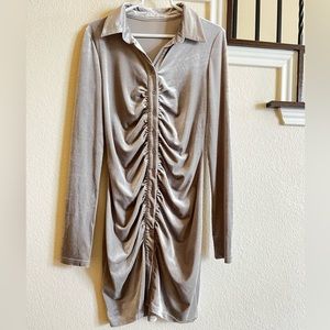 Satin Bodycon Maxi Dress with ruching down the middle.